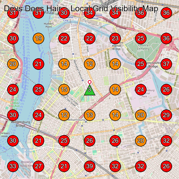 Devs Does Hair GeoGrid visibility map for Hair Salon in Brooklyn
